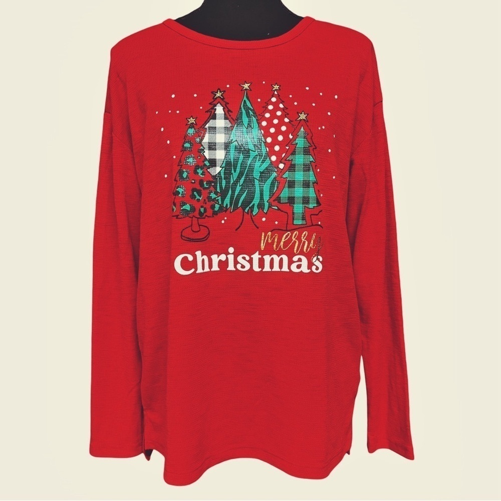 ADORABLE WAFFLE WEAVE LONG SLEEVE MERRY CHRISTMAS T SHIRT SIZE SMALL